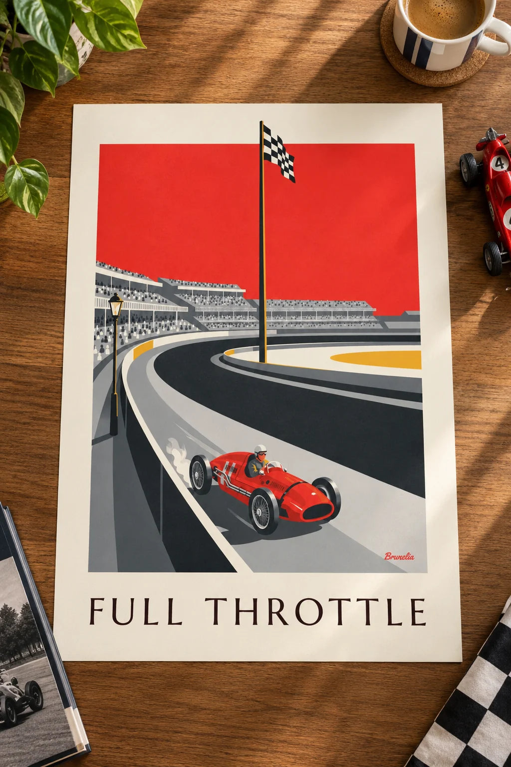 Affiche voiture de course de Grand Prix lancée sur le circuit : posée sur une table