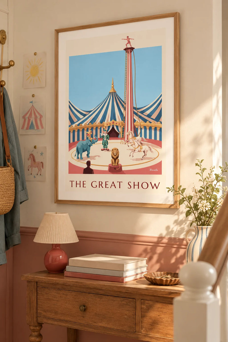 Affiche grand spectacle de cirque avec clown et animaux : encadrée au mur