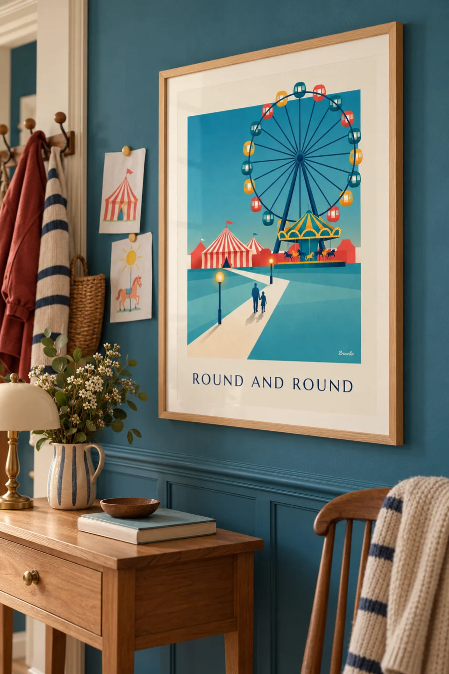 Affiche grande roue illuminée de parc d’attractions : encadrée au mur