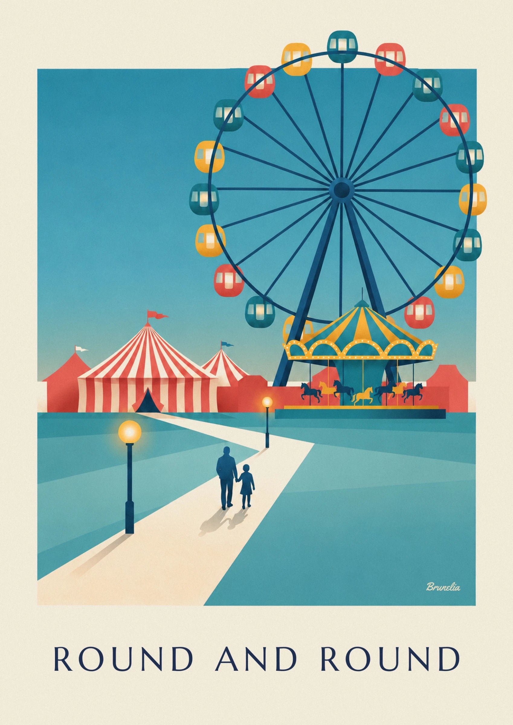 The Ferris wheel with red, yellow and turquoise gondolas above the merry-go-round