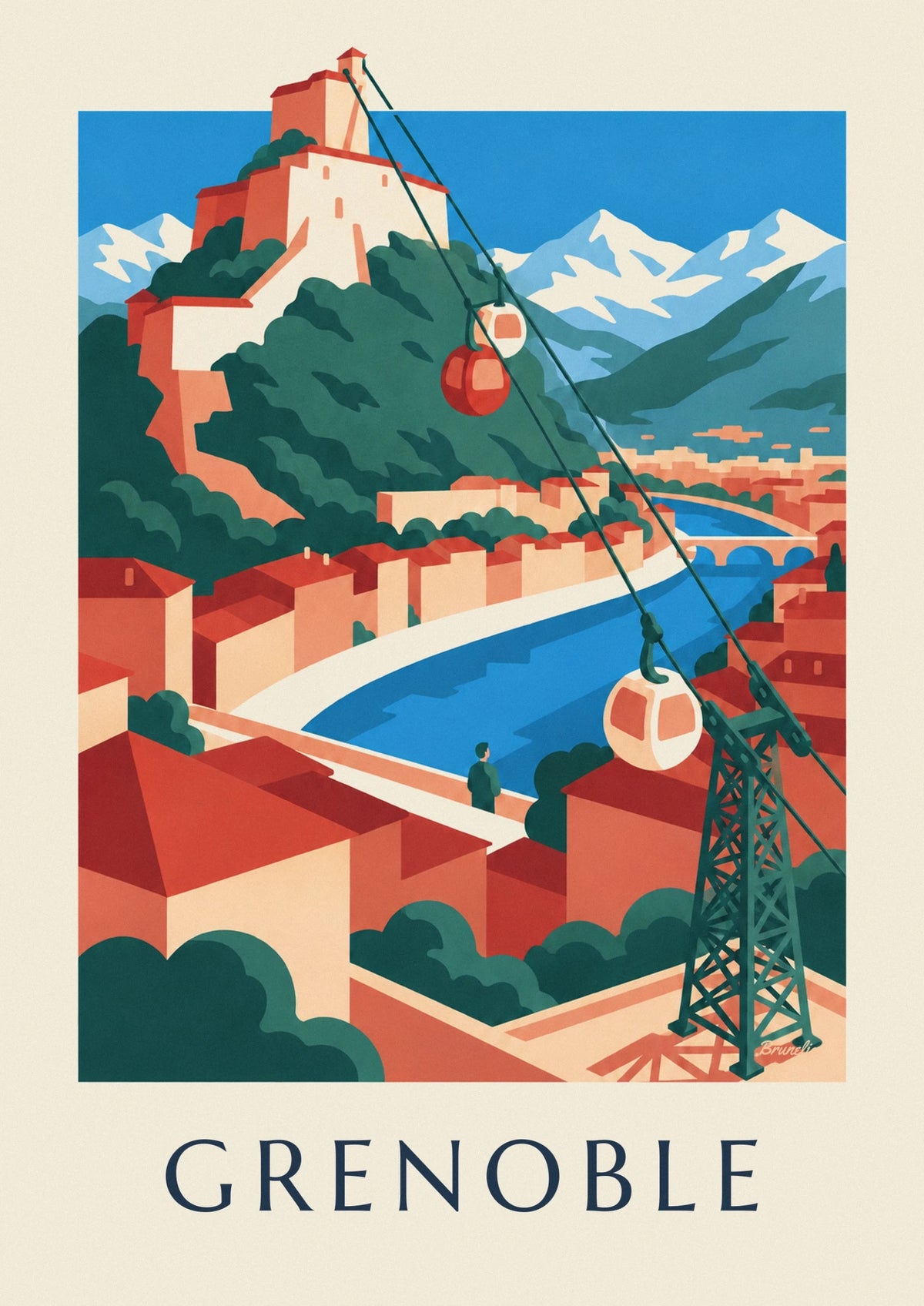 Affiche téléphérique de Grenoble et ses bulles vers la Bastille