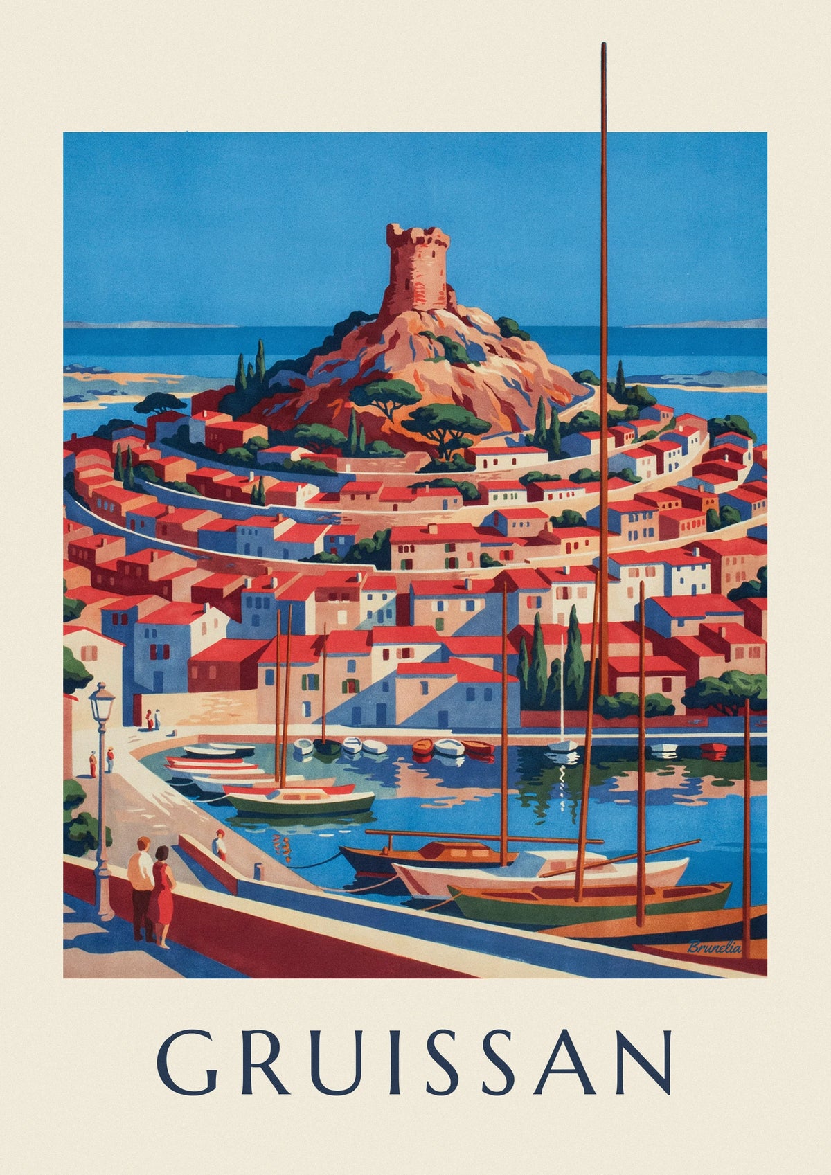 Affiche tour Barberousse de Gruissan au-dessus des toits et du port