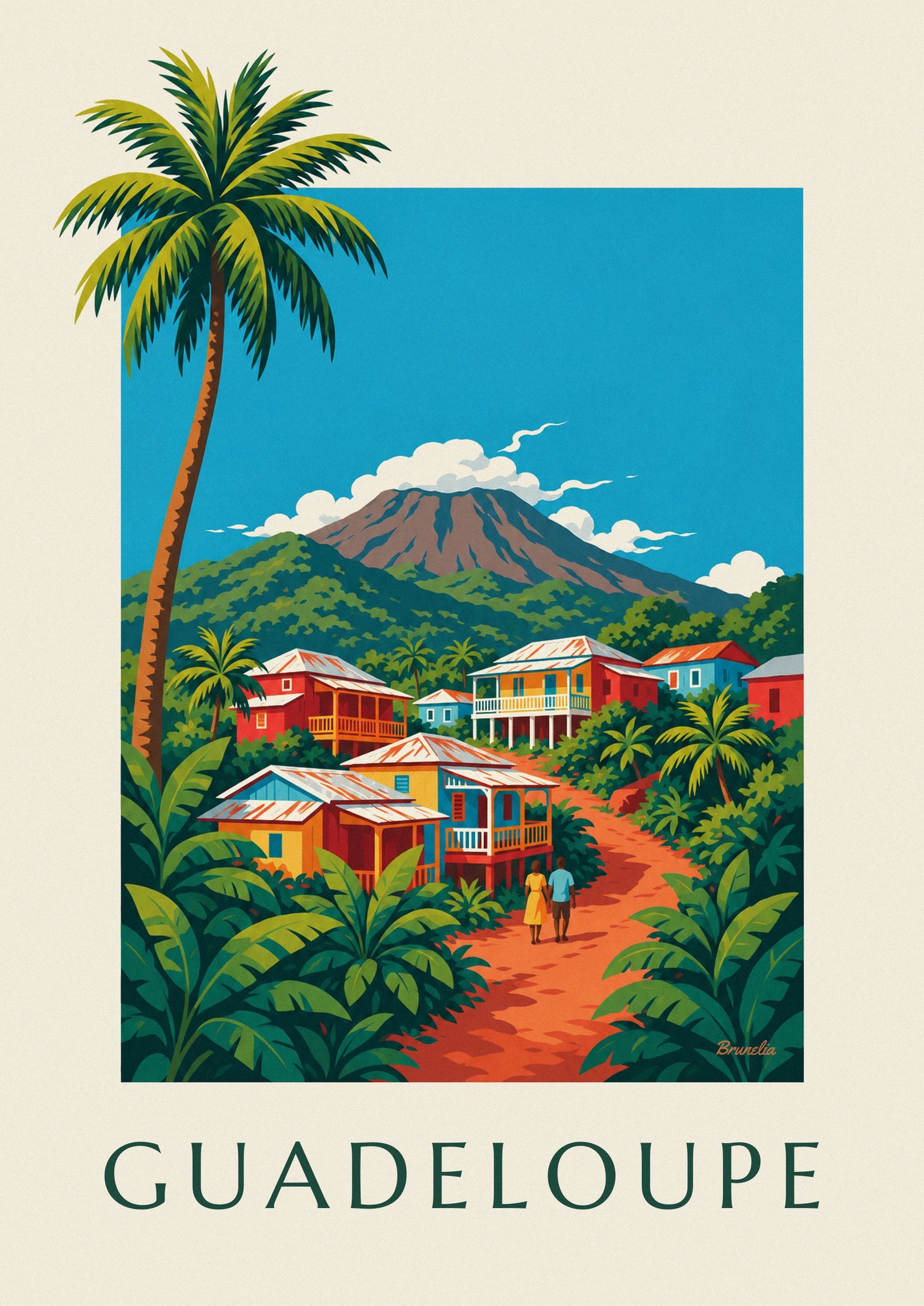 Affiche maisons créoles et volcan de la Soufrière en Guadeloupe : détail en gros plan