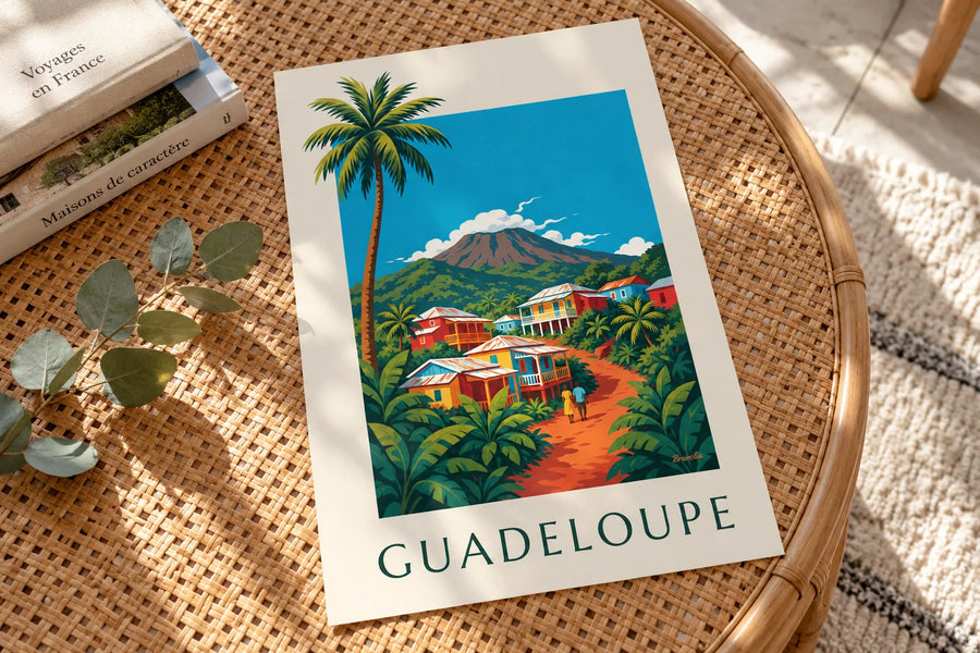 Affiche maisons créoles et volcan de la Soufrière en Guadeloupe : posée sur une table