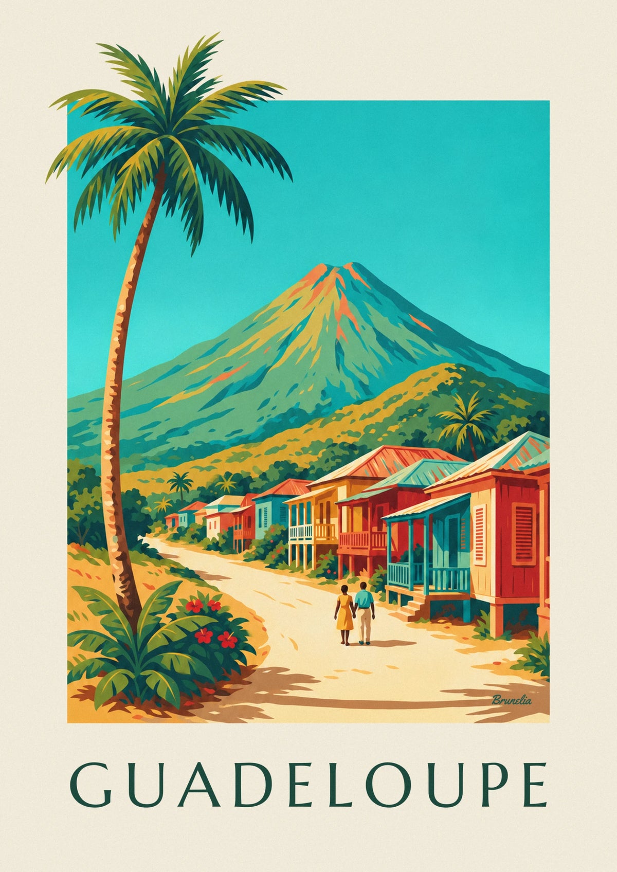 Affiche maisons créoles et volcan de la Soufrière en Guadeloupe