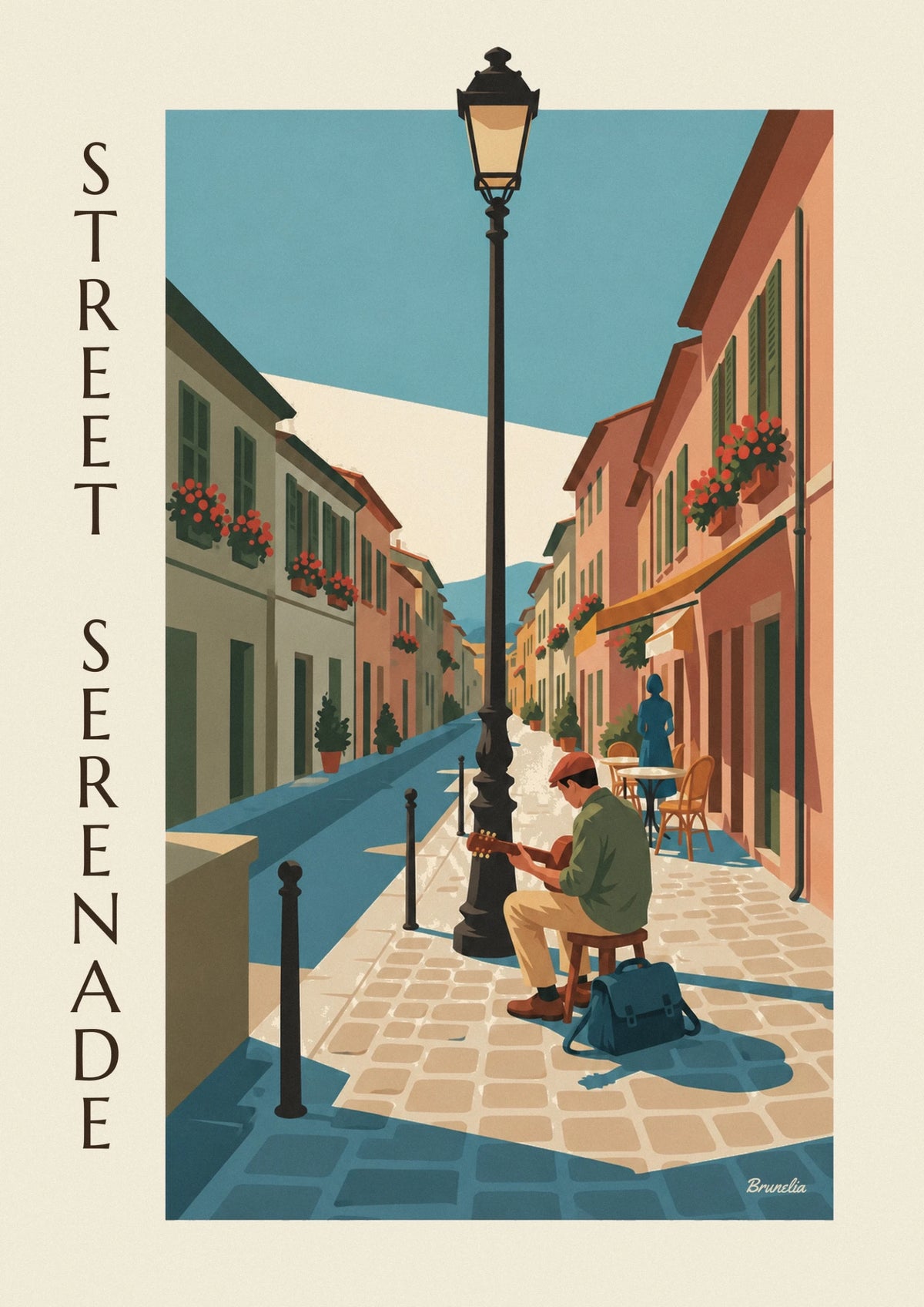 Affiche guitariste de rue dans une ruelle pavée