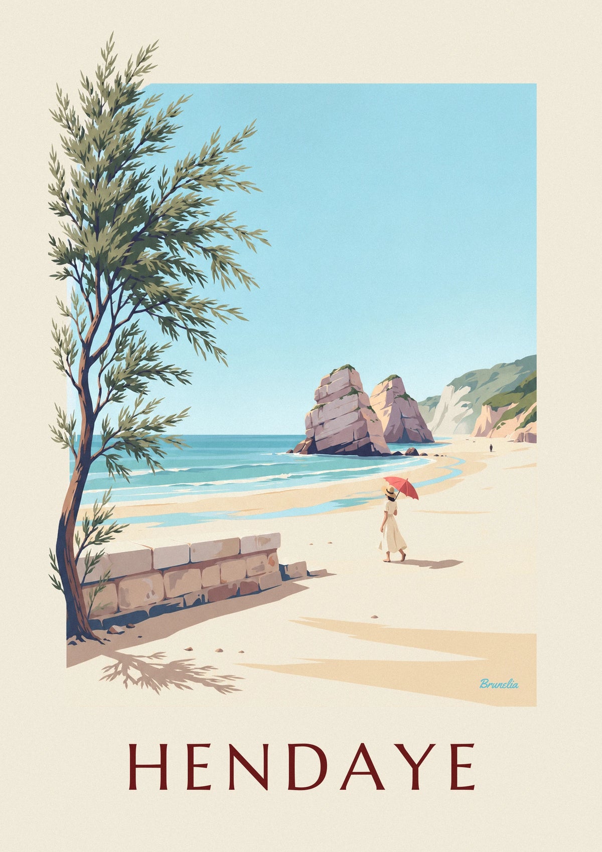 Affiche femme à l'ombrelle rouge sur la plage d'Hendaye