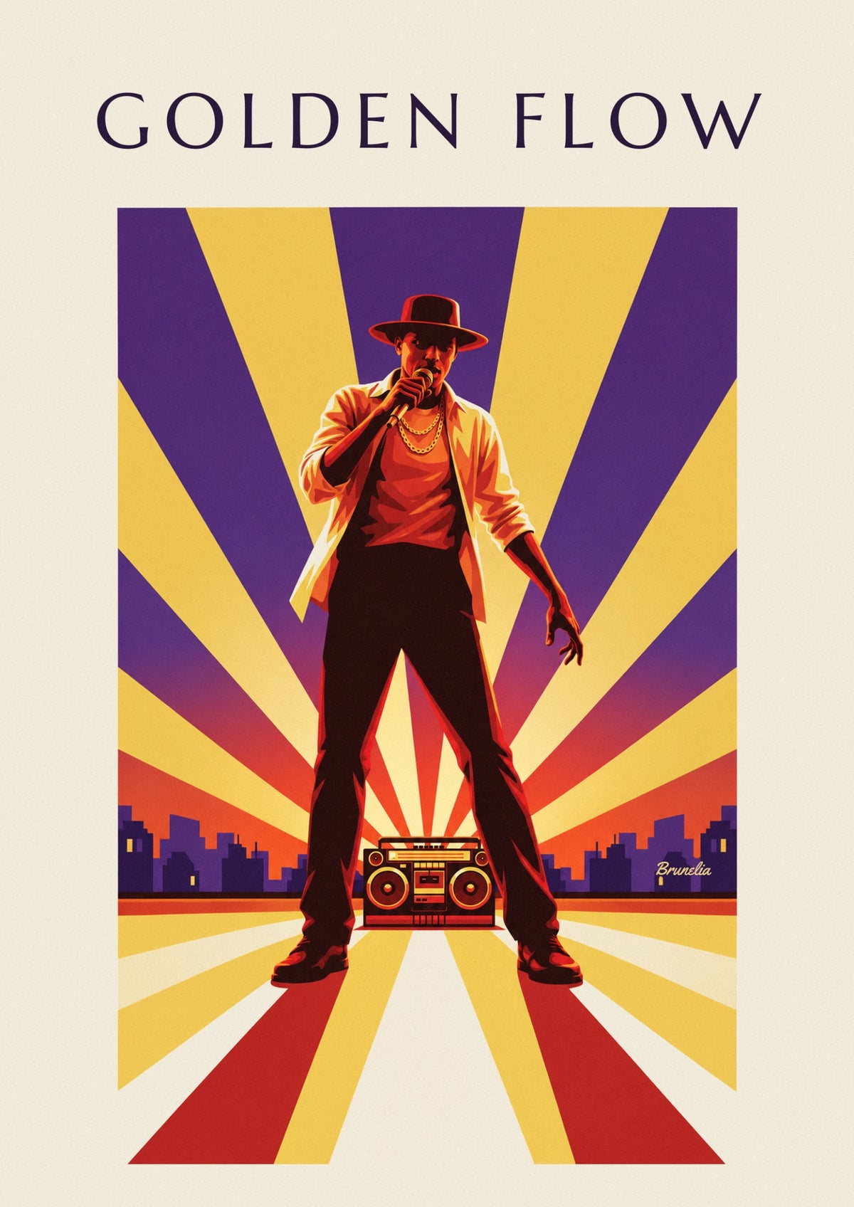 Affiche artiste hip-hop à chaîne dorée sur un toit de ville