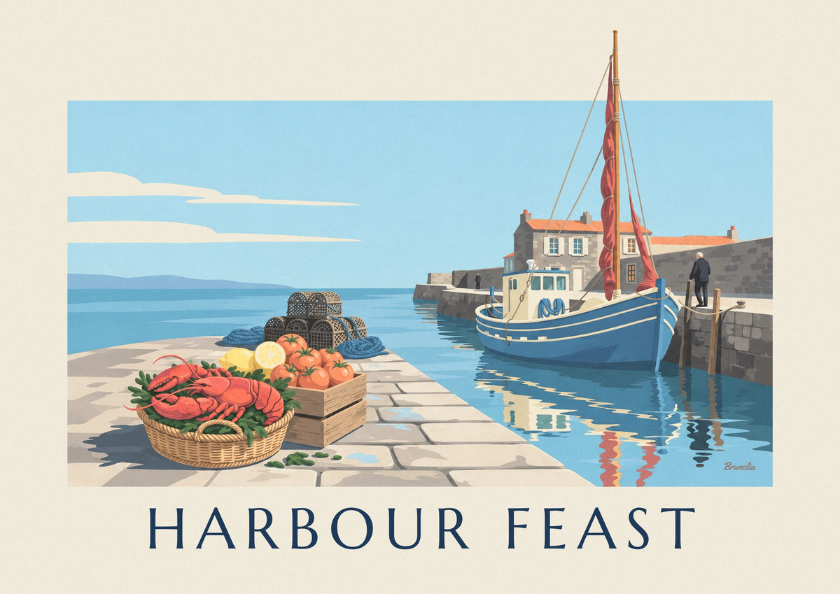 Affiche homard rouge, tomates et citron sur la cale du port