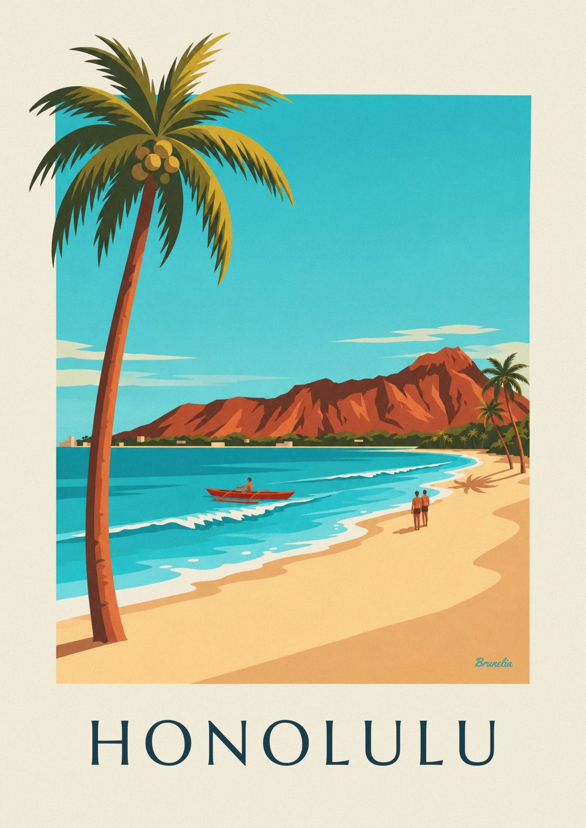 Affiche Diamond Head et plage de Waikiki à Honolulu