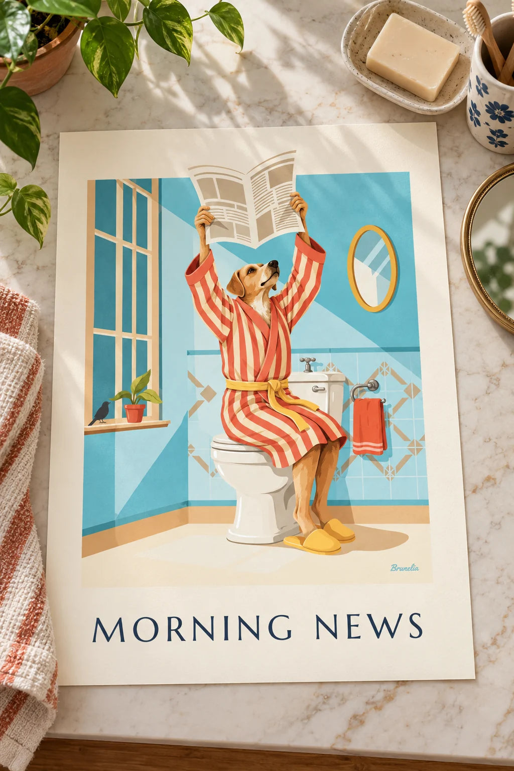 WC: Poster de um cão de roupão a ler o jornal na casa de banho na parede