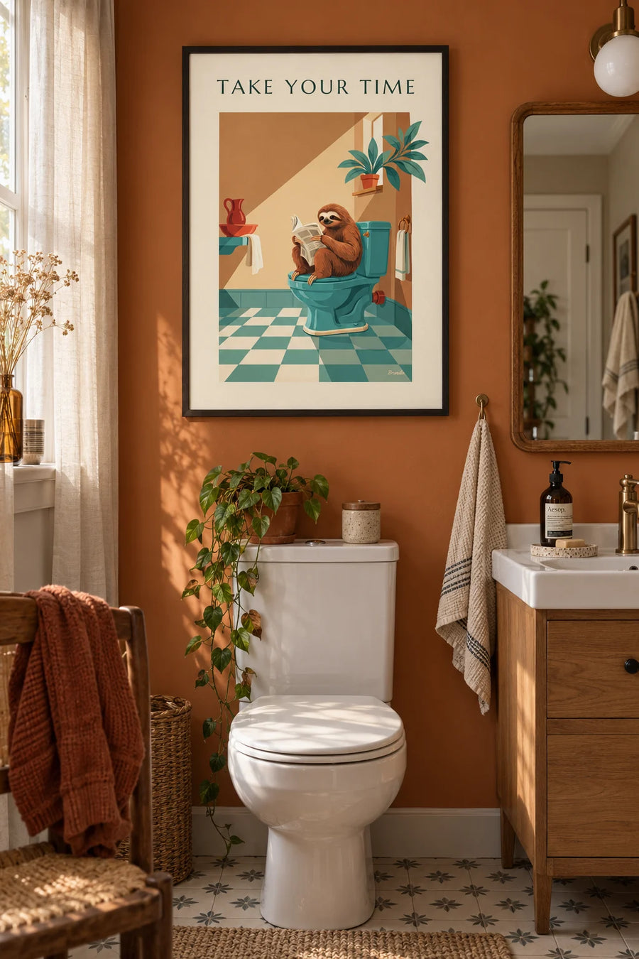 Affiche humoristique paresseux qui lit le journal aux toilettes : encadrée au mur