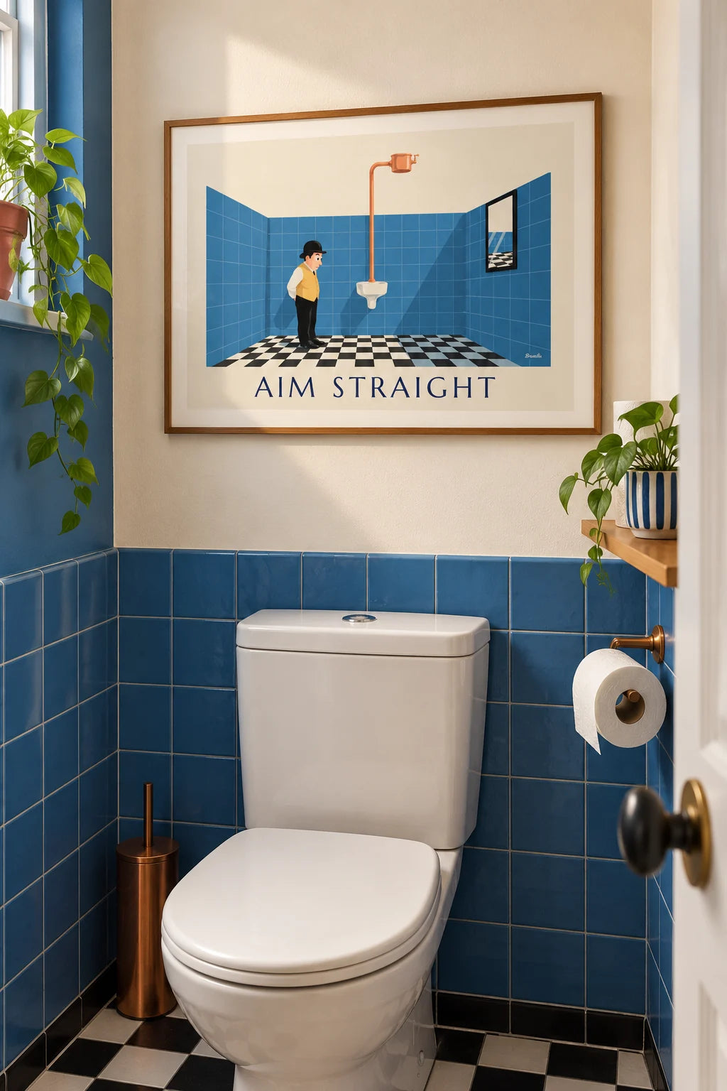 WC: Cartaz humorístico para WC, senhor de chapéu-coco diante do urinol na parede