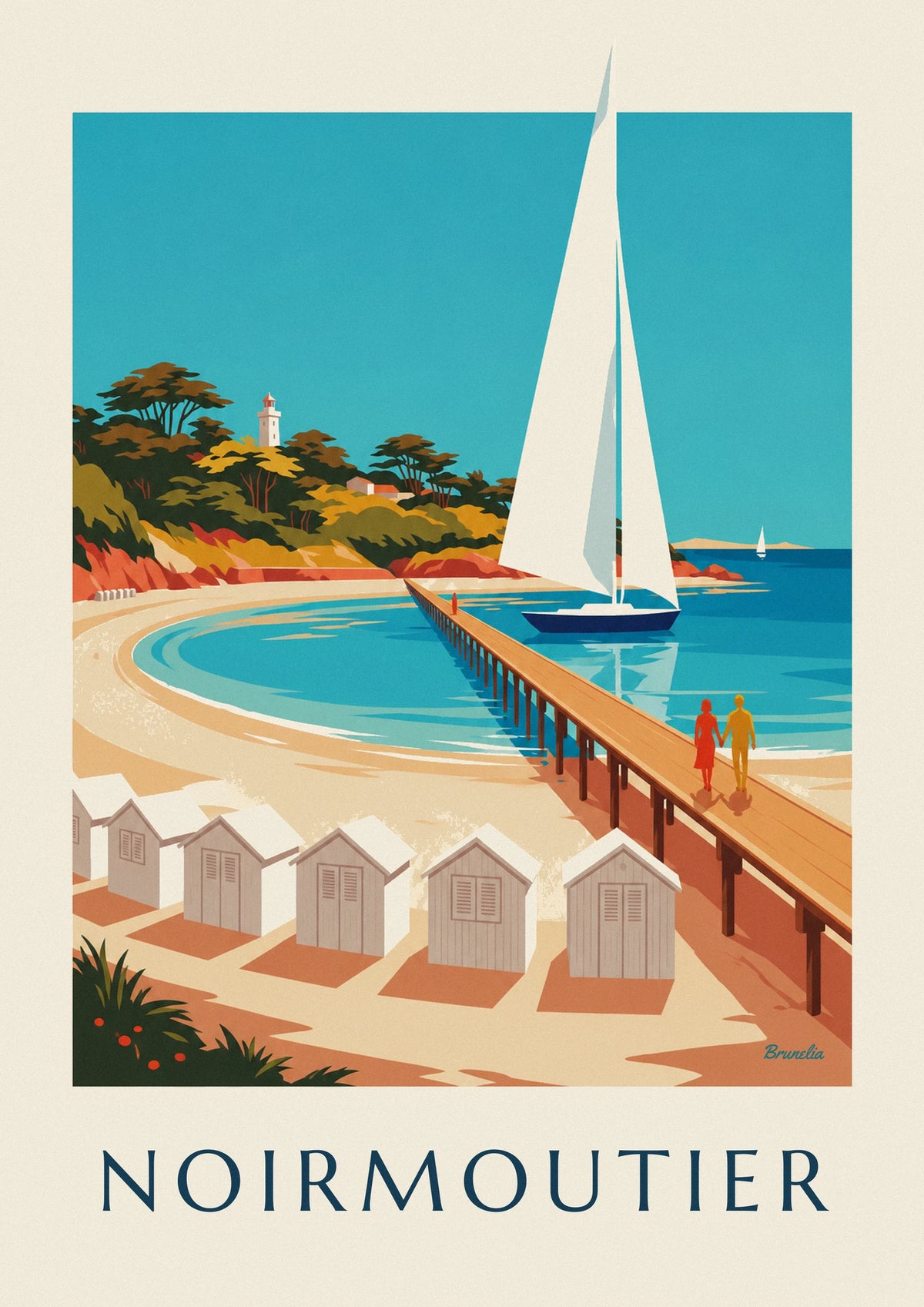 Affiche cabines de plage rayées et ponton à Noirmoutier