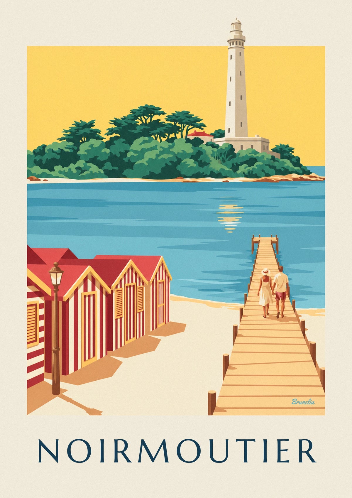 Affiche cabines de plage rayées et ponton à Noirmoutier