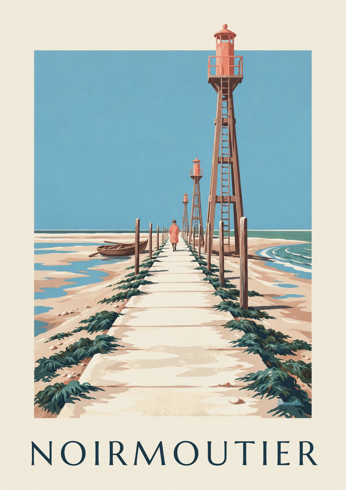 Affiche passage du Gois et barque à Noirmoutier à marée basse