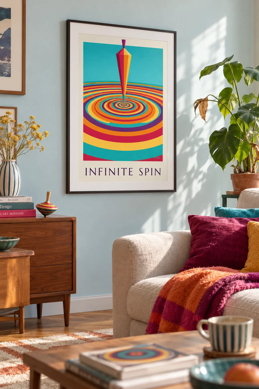 Affiche toupie au centre de spirales hypnotiques colorées : encadrée au mur