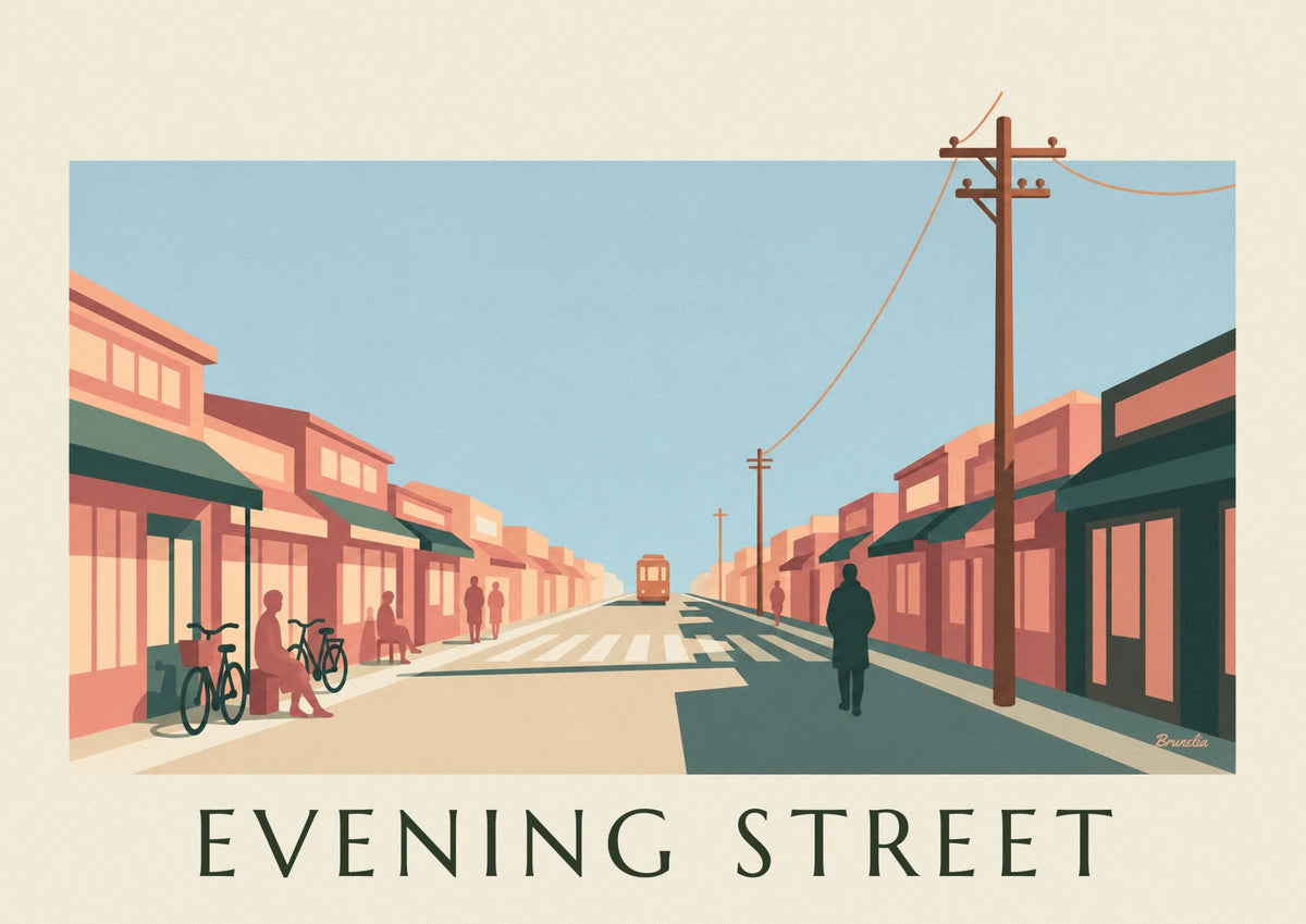 Affiche rue commerçante japonaise au coucher du soleil