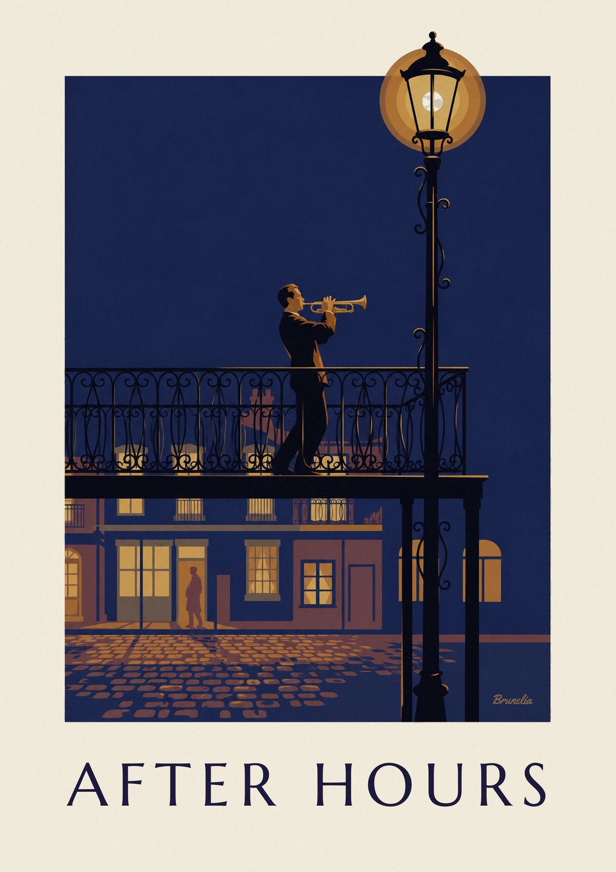 Affiche trompettiste de jazz sur un balcon en fer forgé la nuit