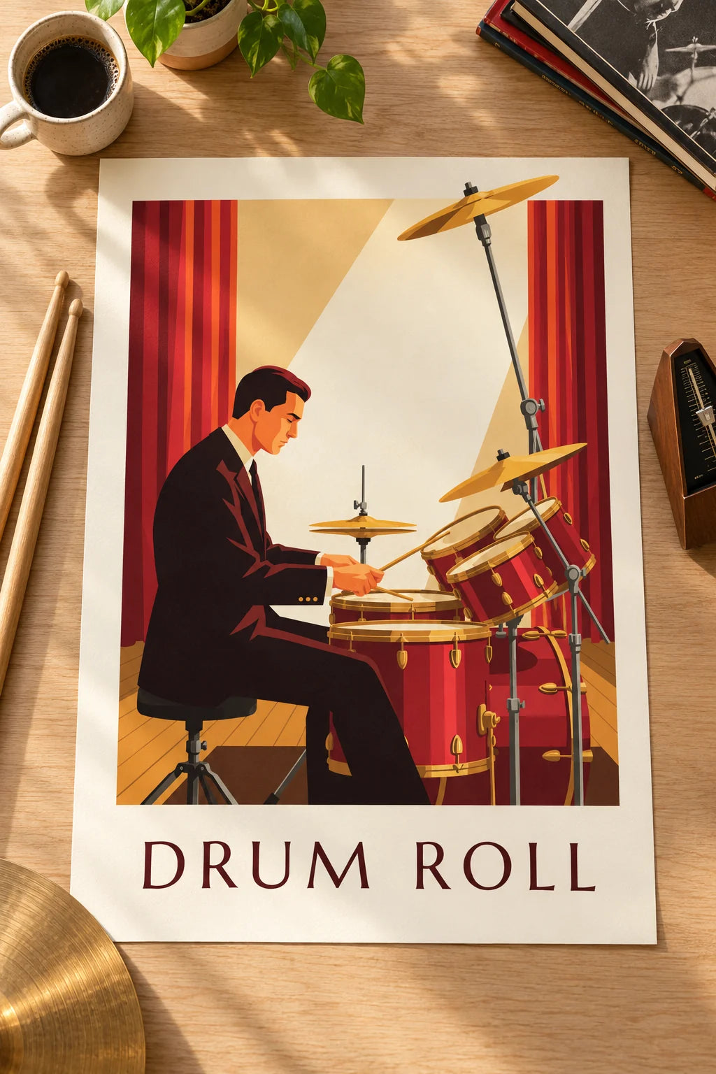 Sala: Poster de um baterista de jazz de fato atrás da sua bateria vermelha na parede