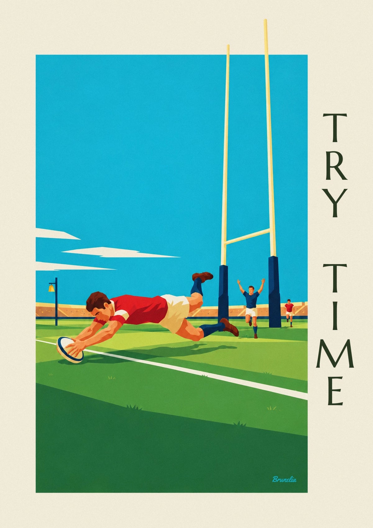 Affiche rugbyman marquant un essai en plongeon