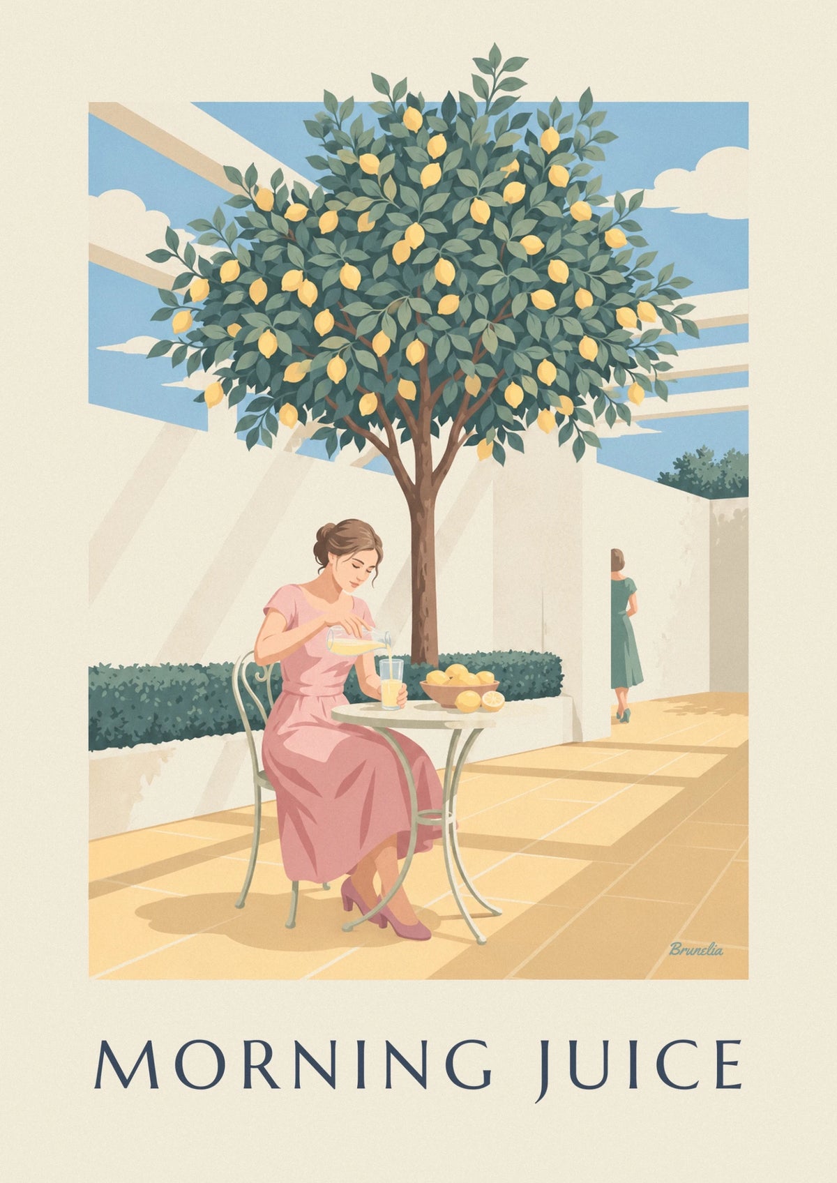 Affiche femme versant un jus de citron sous un citronnier