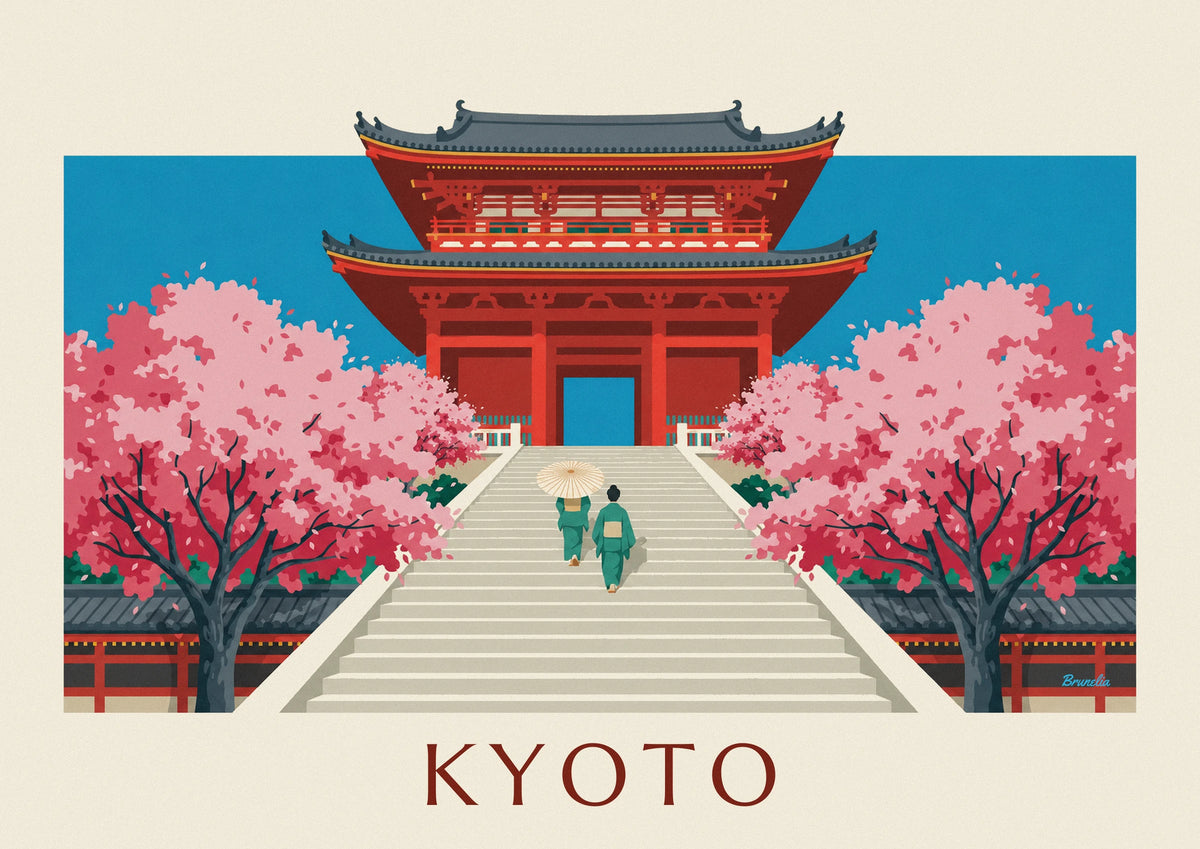 Affiche porte vermillon du Kiyomizu-dera et cerisiers à Kyoto