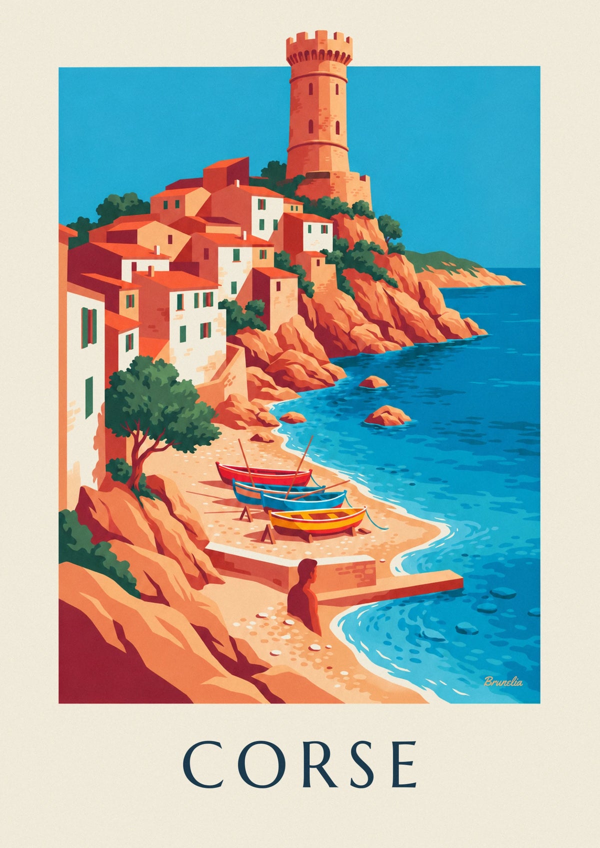 Affiche village côtier, tour génoise et barques en Corse