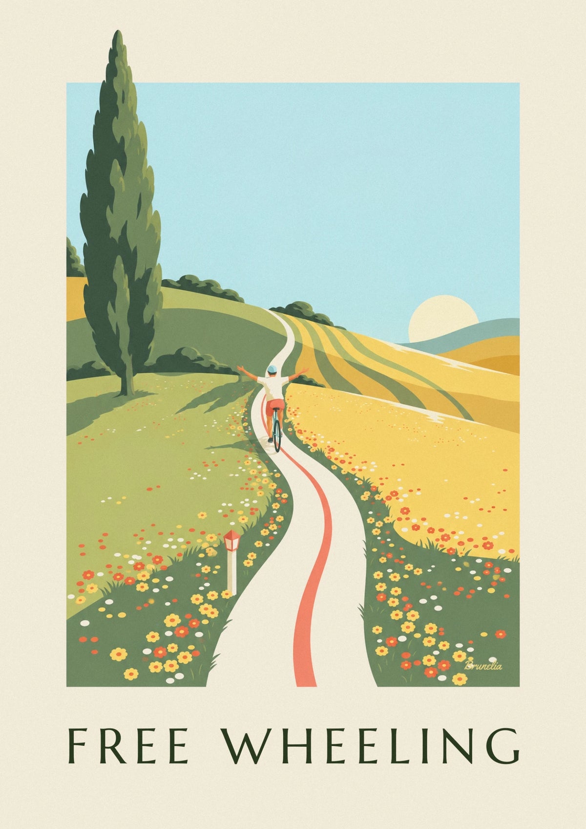 Affiche cycliste bras ouverts sur une route de collines fleuries