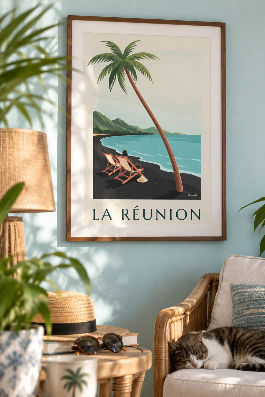 Affiche chaises longues face à la mer à La Réunion : encadrée au mur