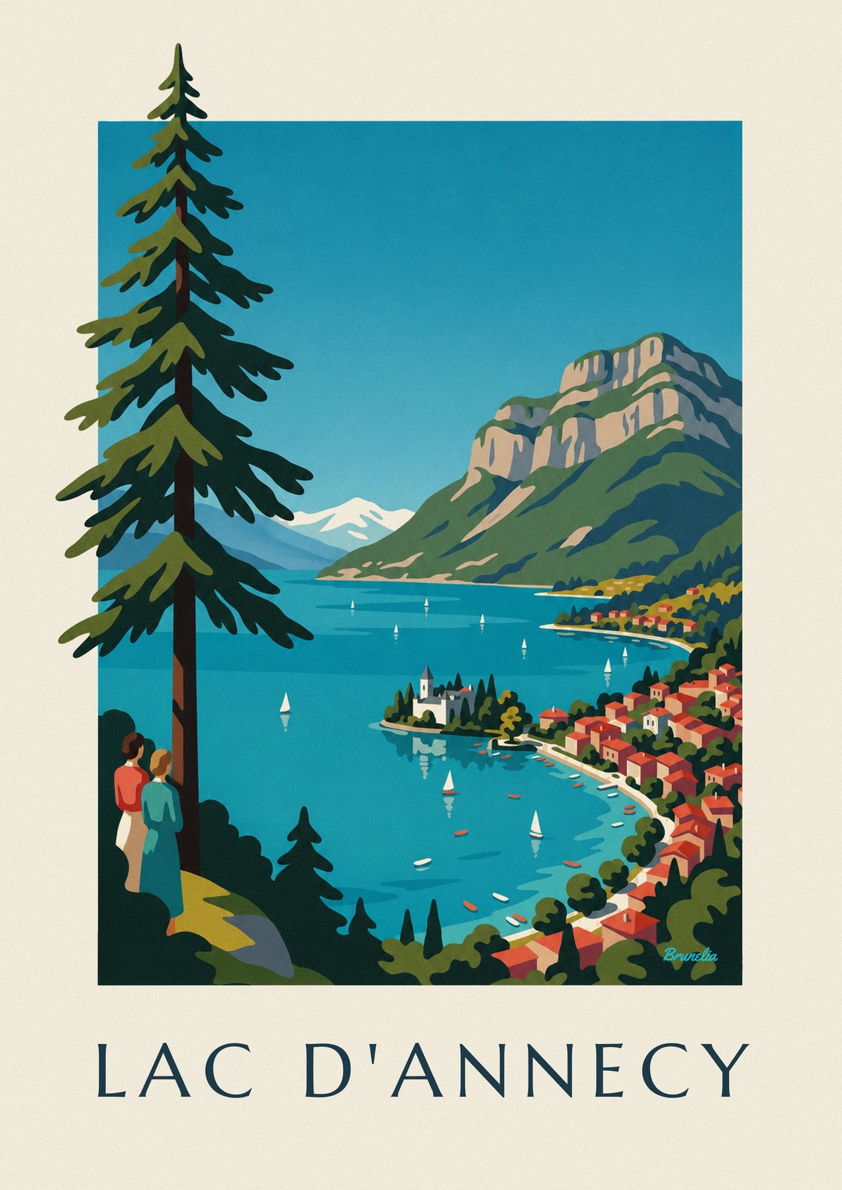 Affiche lac d'Annecy dans les Alpes, voiliers et Tournette