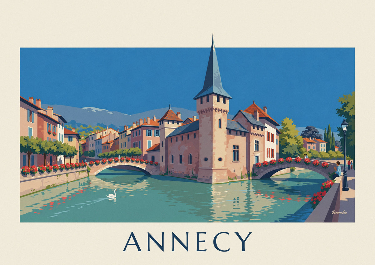 Affiche palais de l'Isle et ponts fleuris sur le Thiou à Annecy