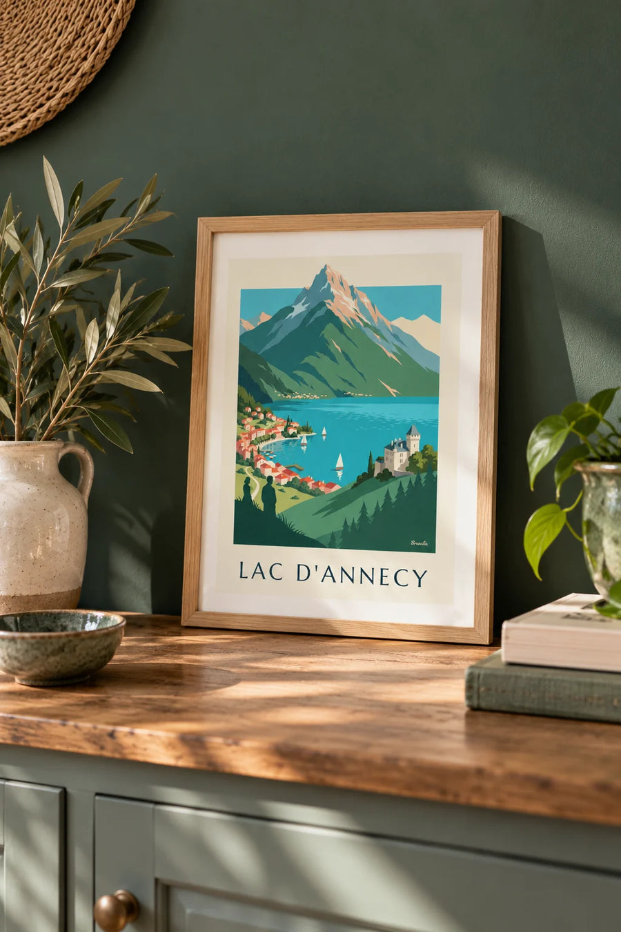 Affiche lac d'Annecy dans les Alpes, voiliers et Tournette : petit format A4 encadré