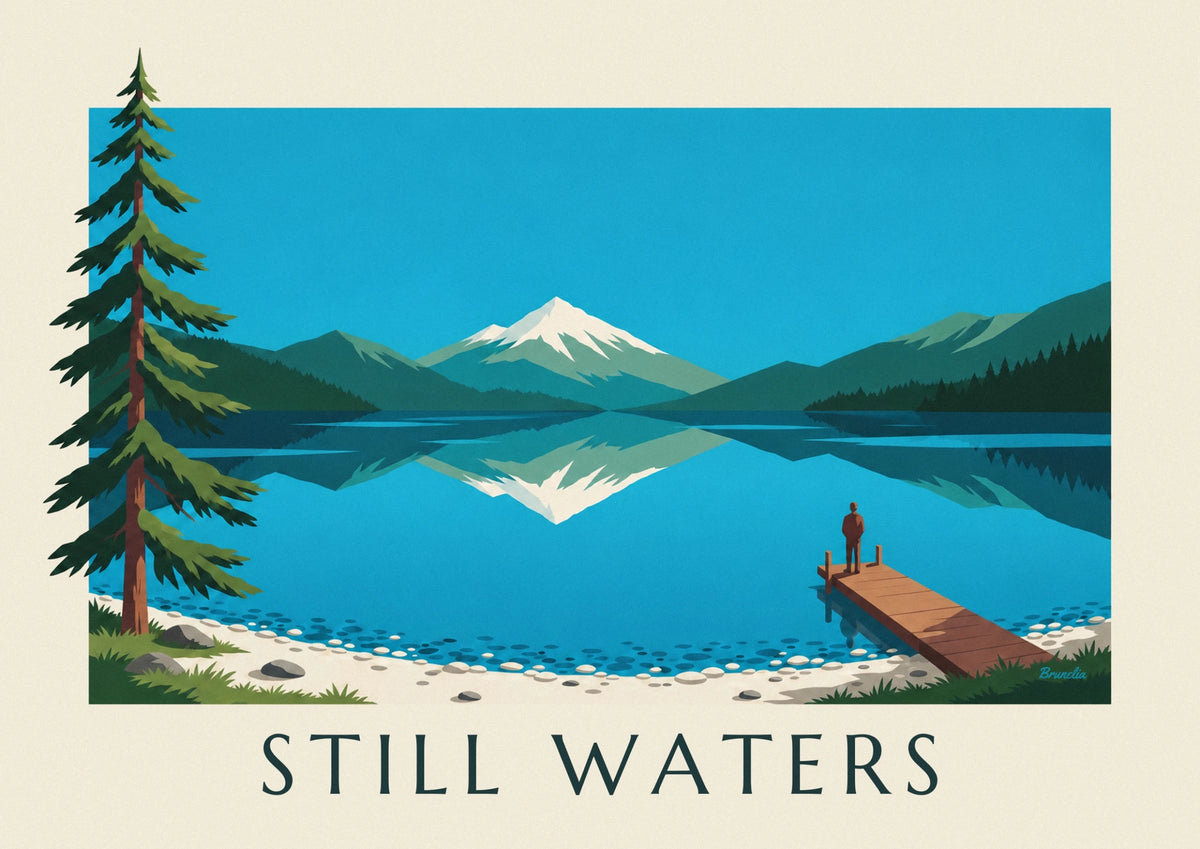 Affiche lac de montagne, forêts de sapins et ponton en bois