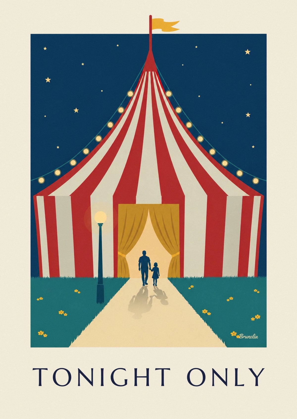 Affiche entrée du chapiteau illuminée de guirlandes