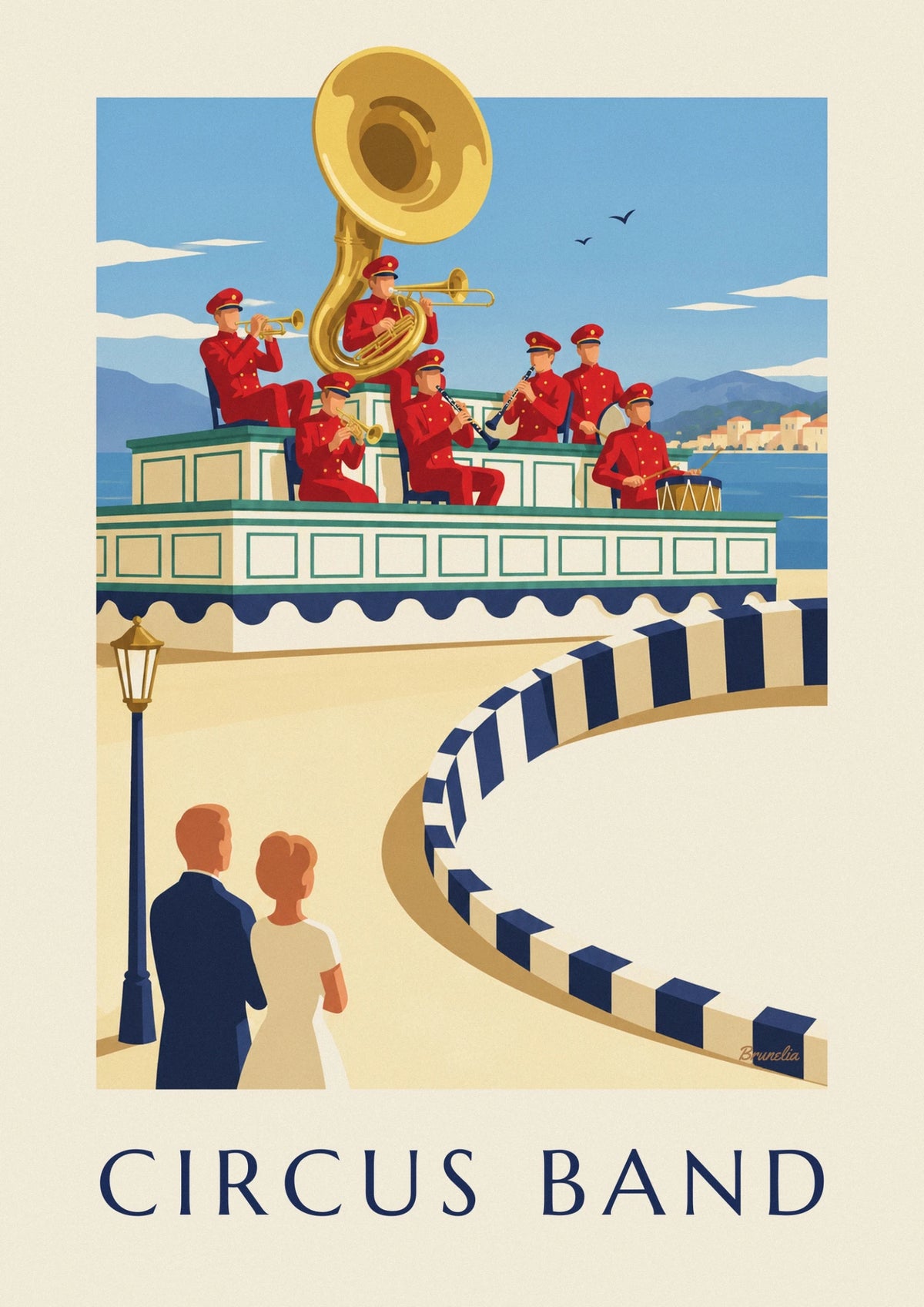 Affiche orchestre du cirque jouant sur son estrade décorée