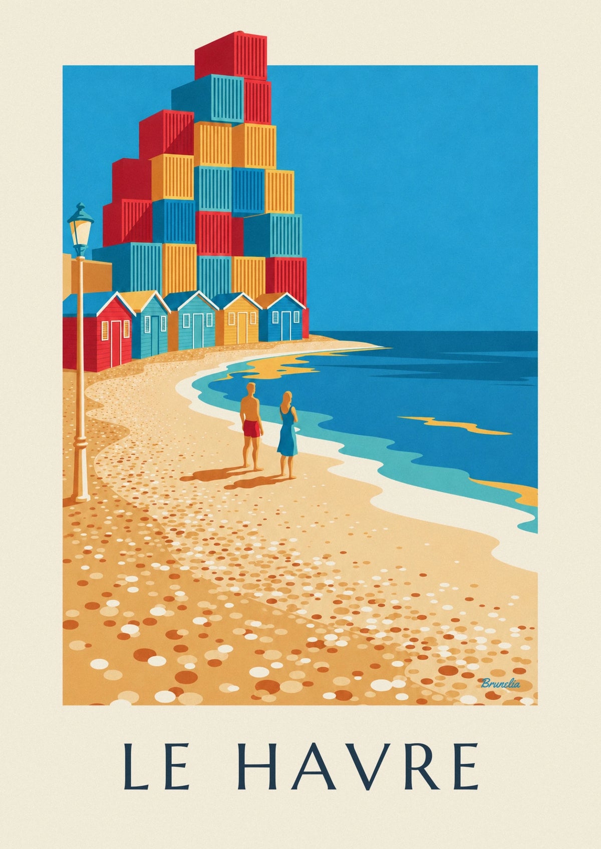 Affiche cabines de plage et arche de conteneurs du Havre