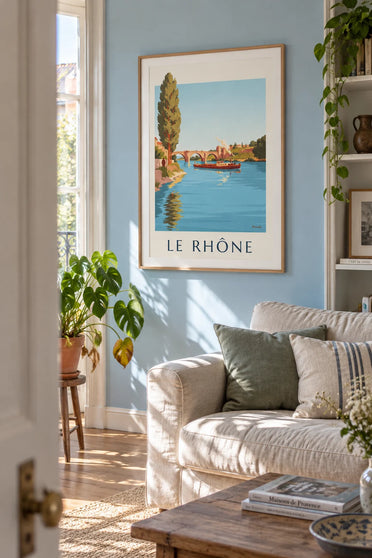 Affiche péniche sur le Rhône devant le pont d'Avignon : encadrée au mur