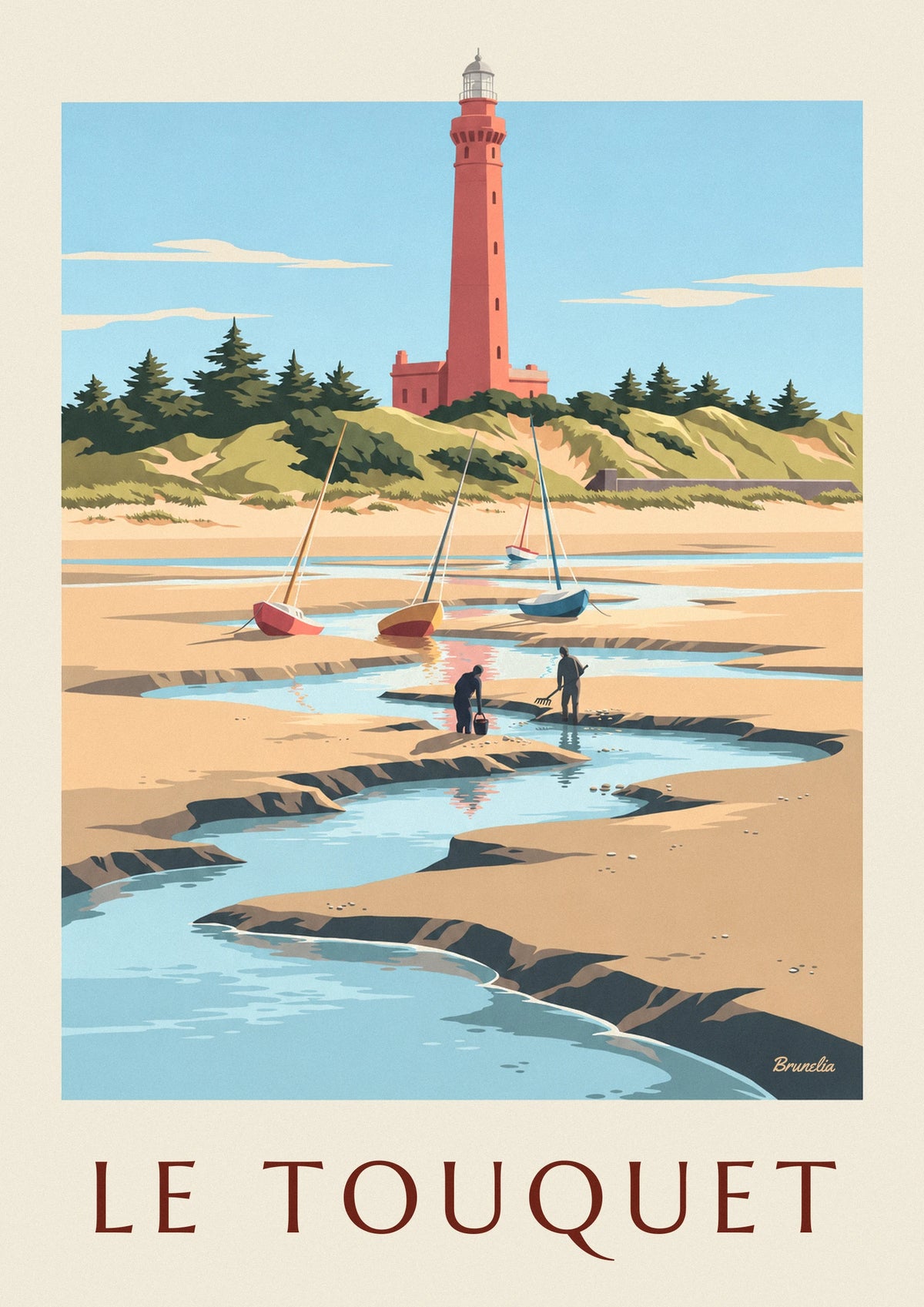 Affiche phare du Touquet et pêcheurs à pied dans la baie de Canche