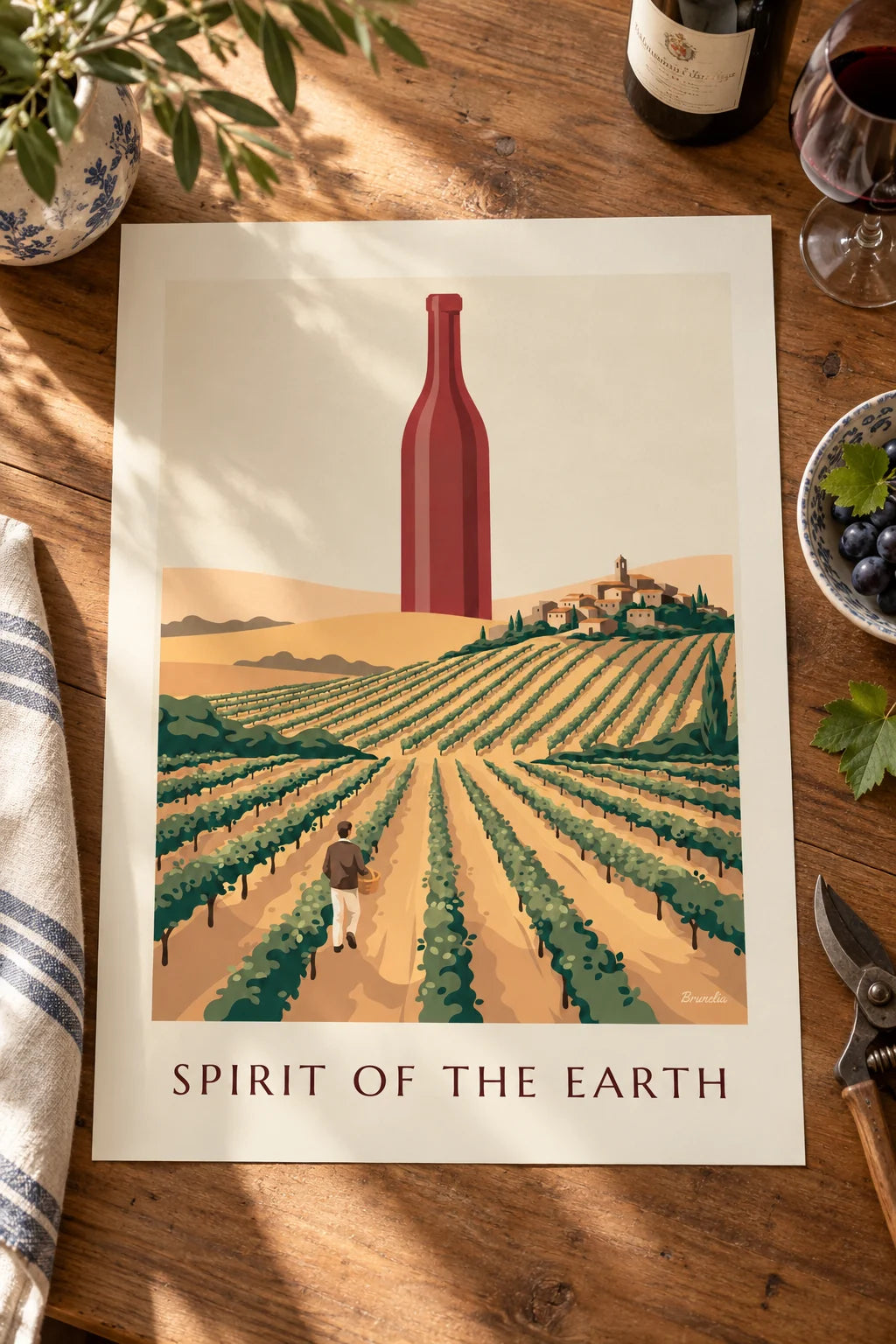 Cozinha: Cartaz de garrafa de vinho tinto entre vinhas no campo na parede