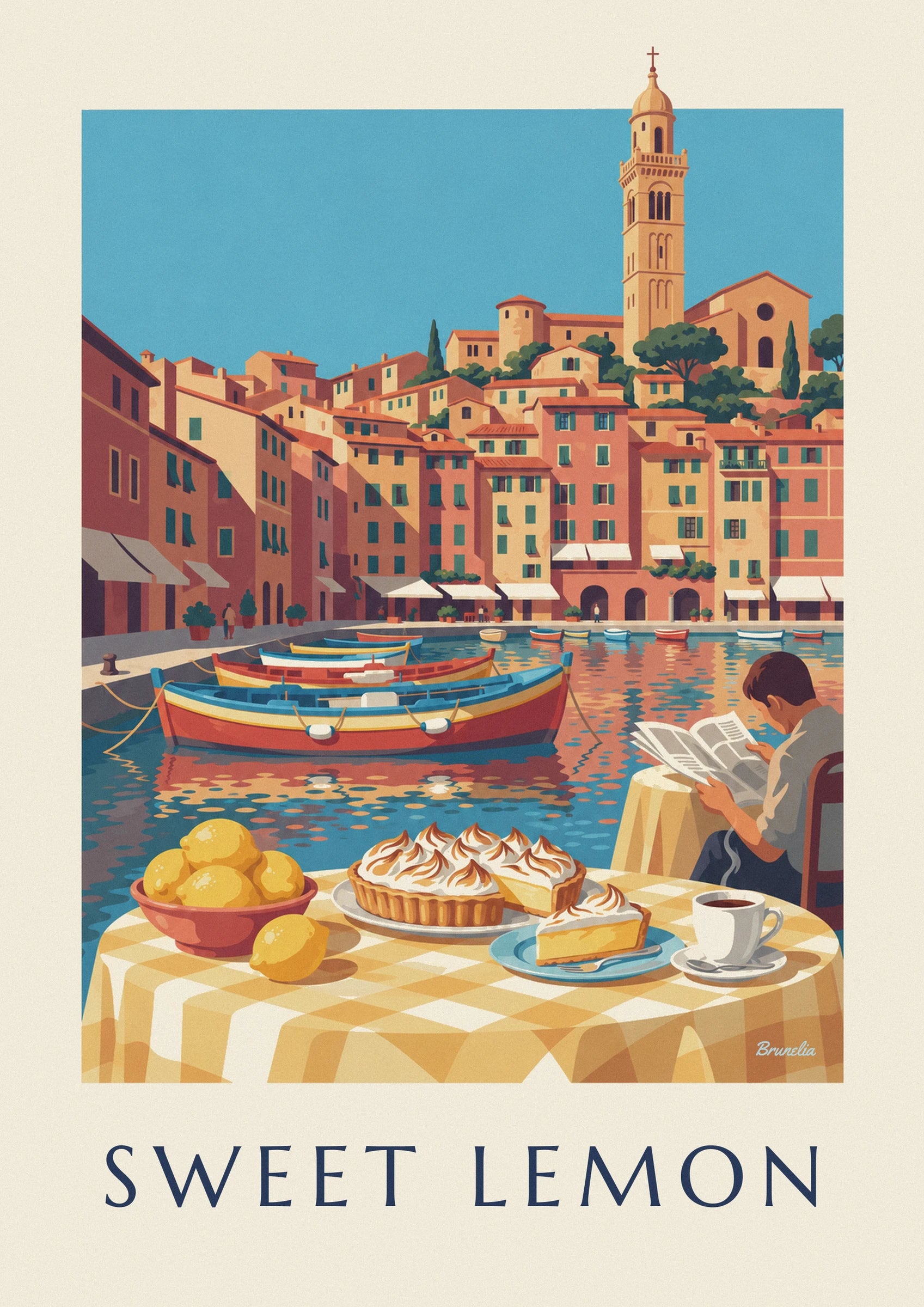 La tarte au citron meringuée et sa part servie, sur la nappe à carreaux face aux barques du port