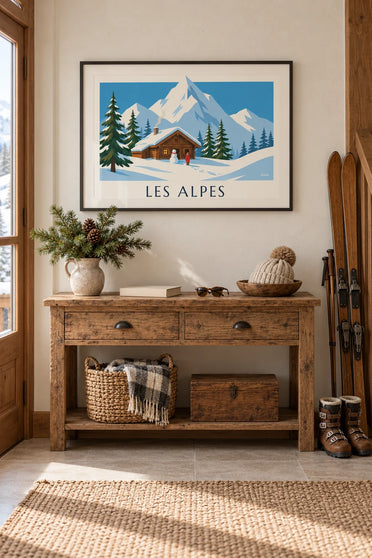 Affiche chalet enneigé et bonhomme de neige dans les Alpes : encadrée au mur