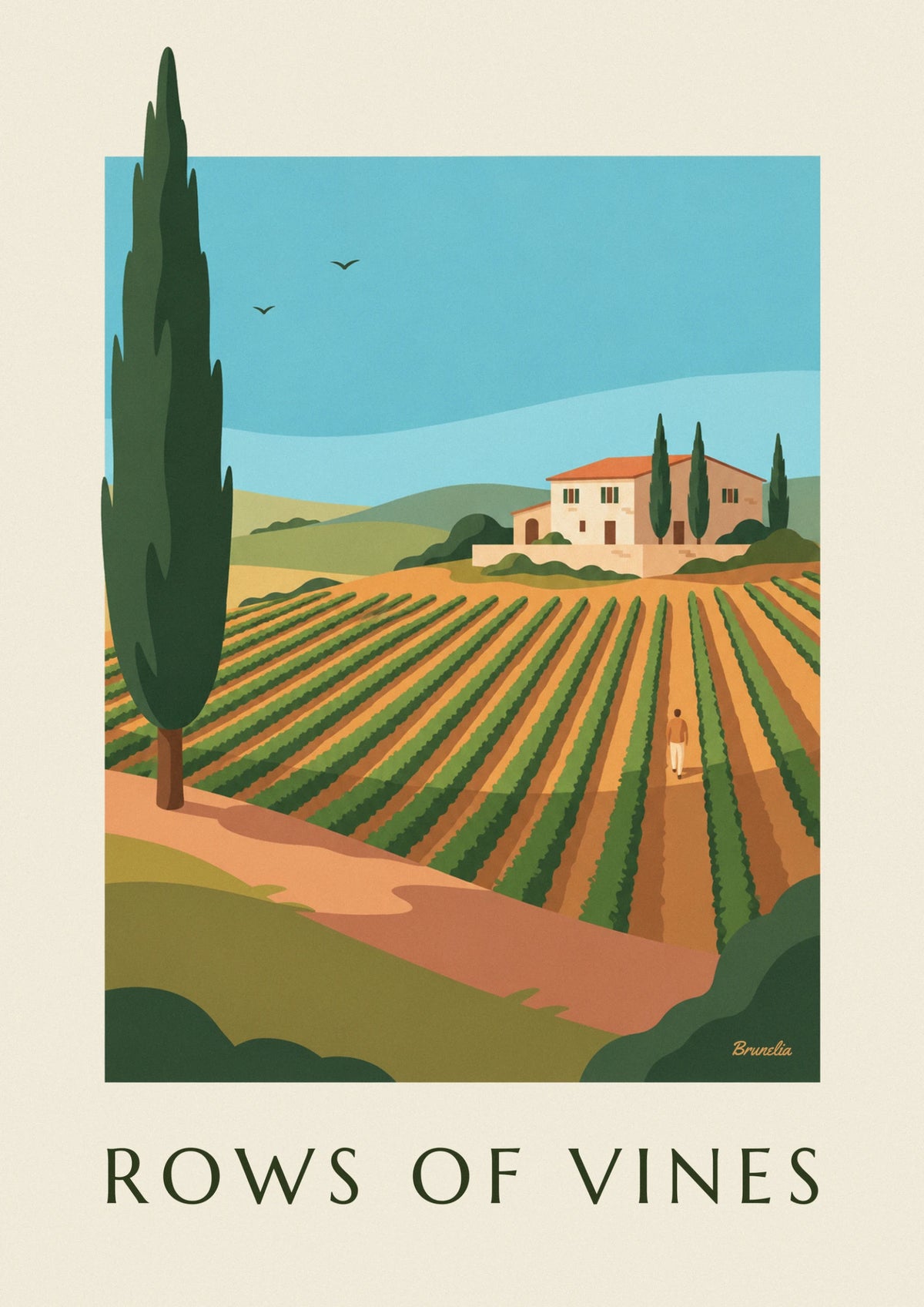 Affiche paysage de vignoble, rangs de vigne et cyprès