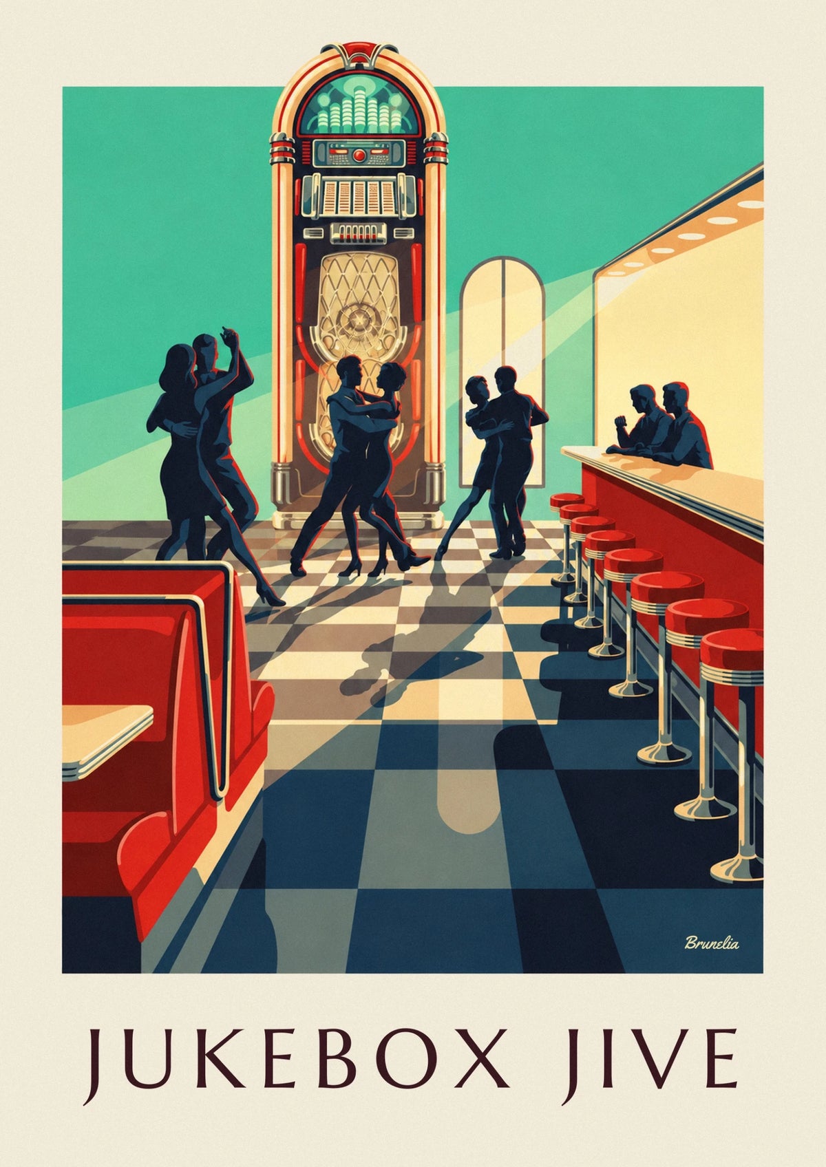 Affiche jukebox et silhouettes de danseurs de rock