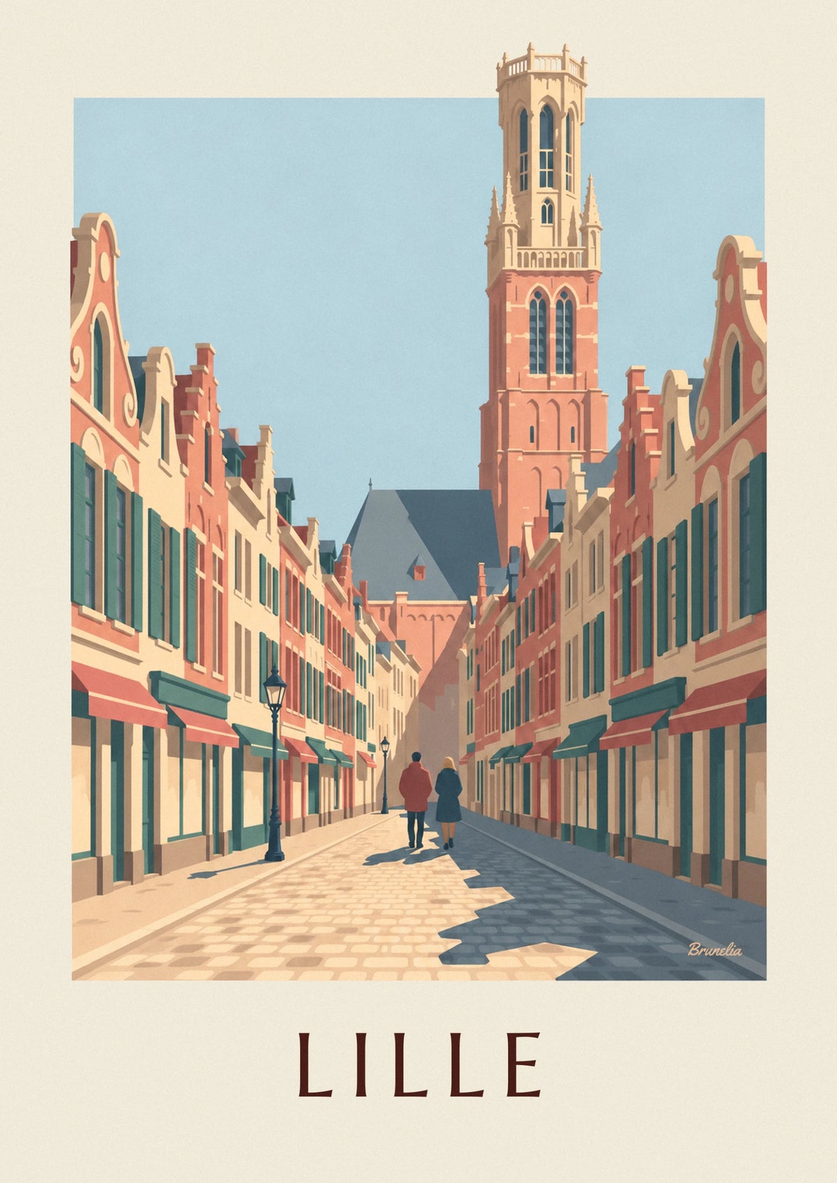 Affiche rue pavée et façades flamandes du Vieux-Lille