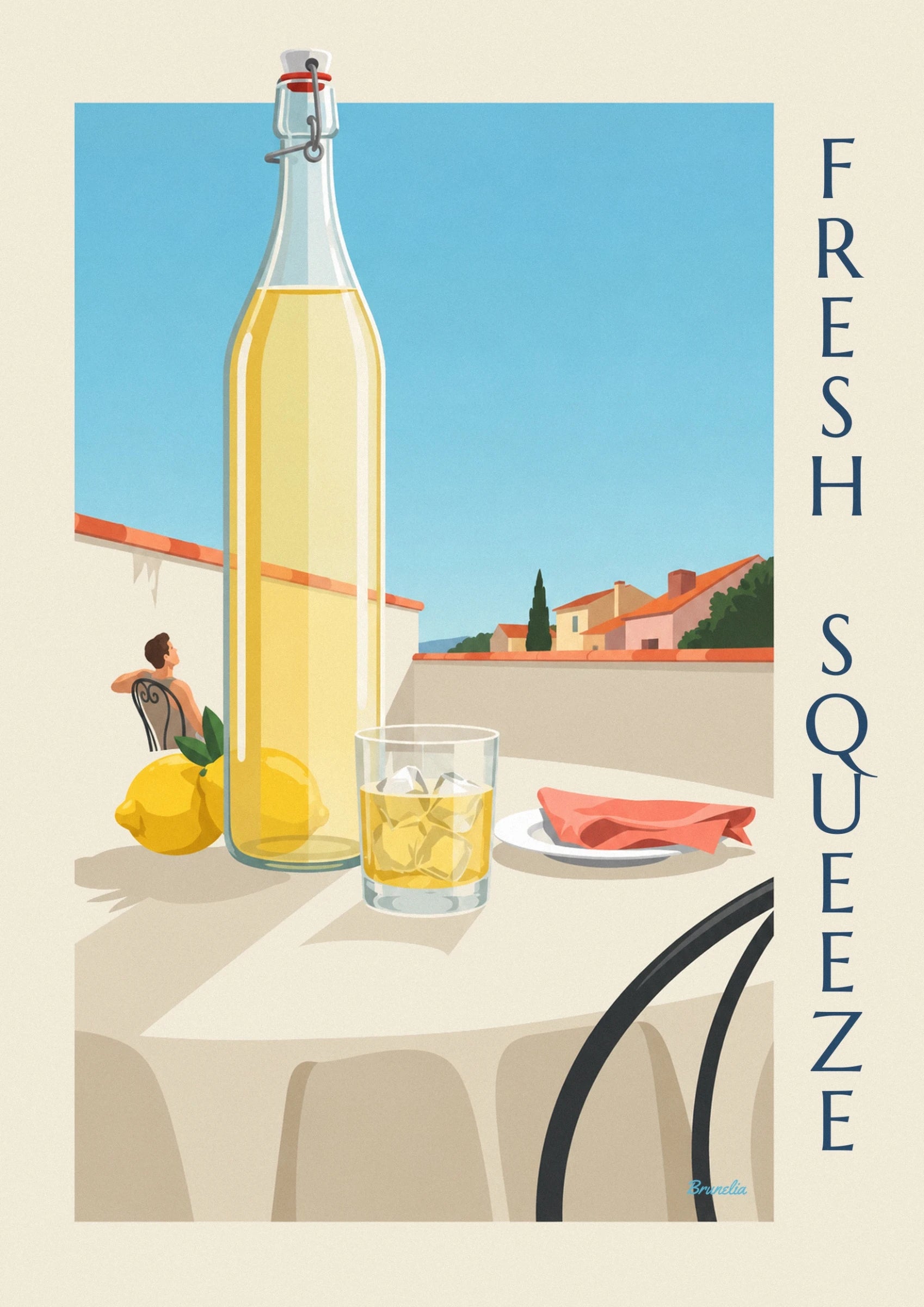 La bouteille de limonade, 2 citrons et un verre de glaçons, avec un homme assis au fond