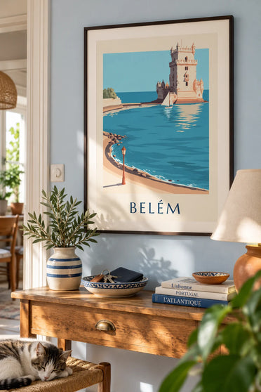 Affiche tour de Belém et voilier sur le Tage à Lisbonne : encadrée au mur