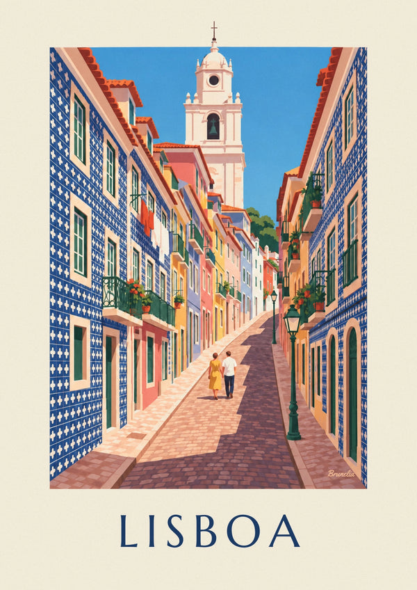 Affiche ruelle de Lisbonne aux façades en azulejos