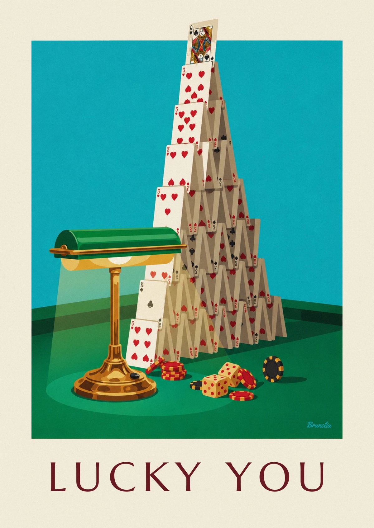 Affiche château de cartes et reine couronnée sur un tapis de casino