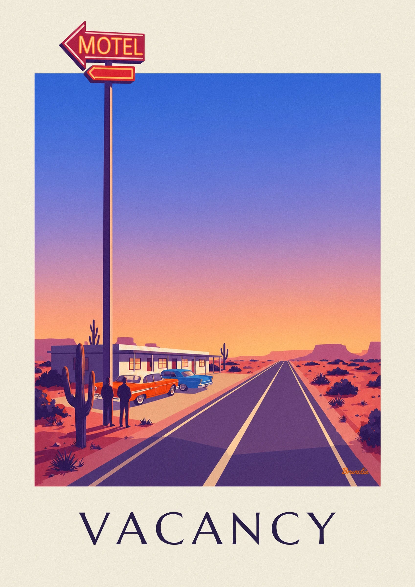 The red motel sign with its glowing letters and 2 arrows against a blue background